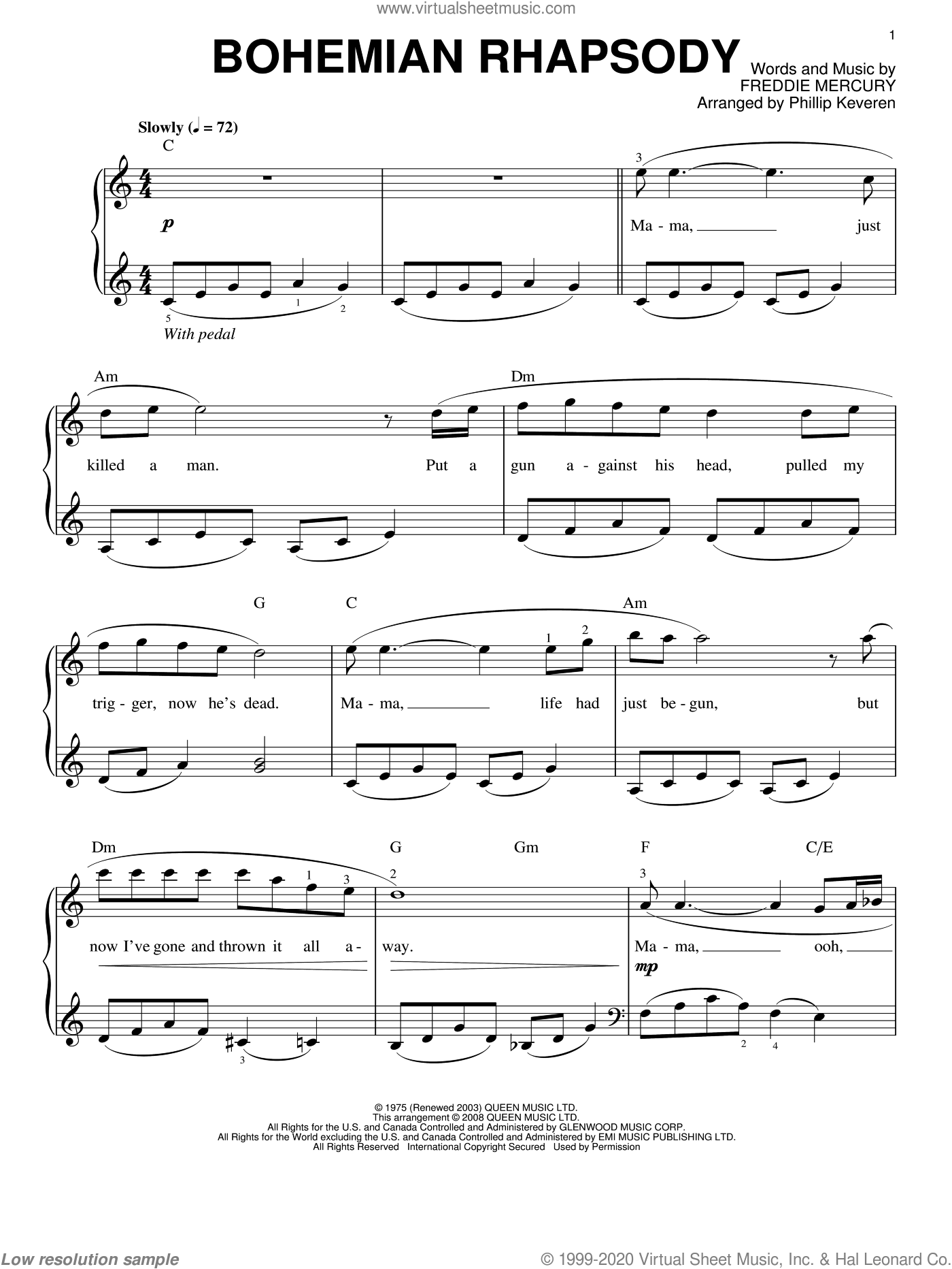 bohemian rhapsody notes piano free